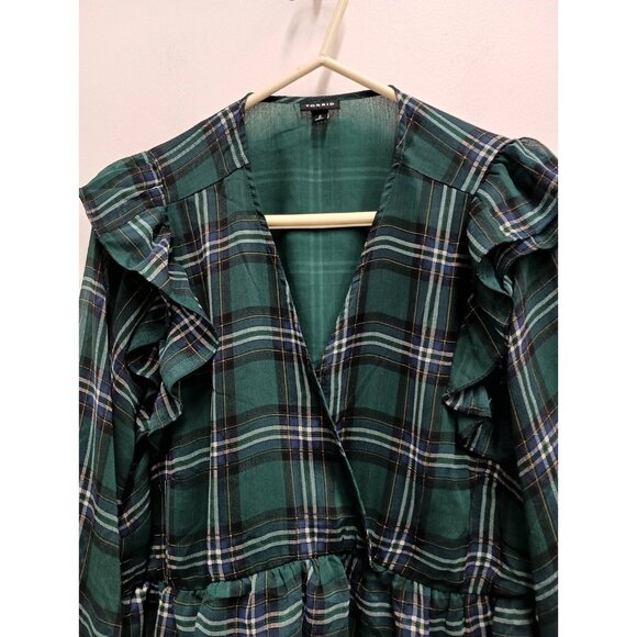 Torrid BOHO Top Size 2X Green Plaid Chiffon Ruffle Long Sleeve Peplum Crop - Picture 2 of 11